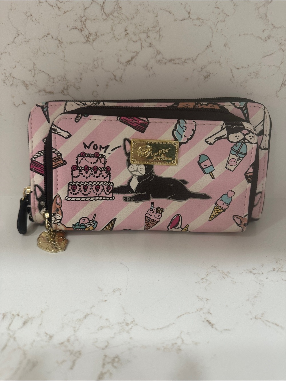 Betsey Johnson Pink Striped Dessert & Pug Zip Wallet